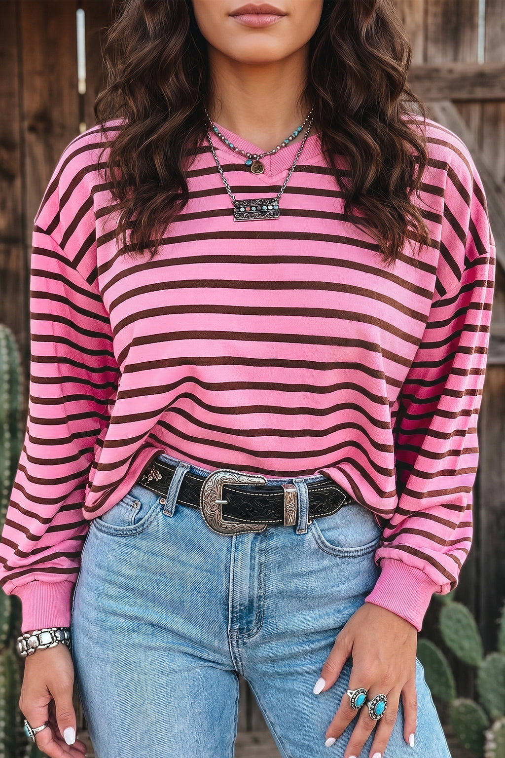 Pink Stripe V Neck Long Sleeve Drop Shoulder Blouse