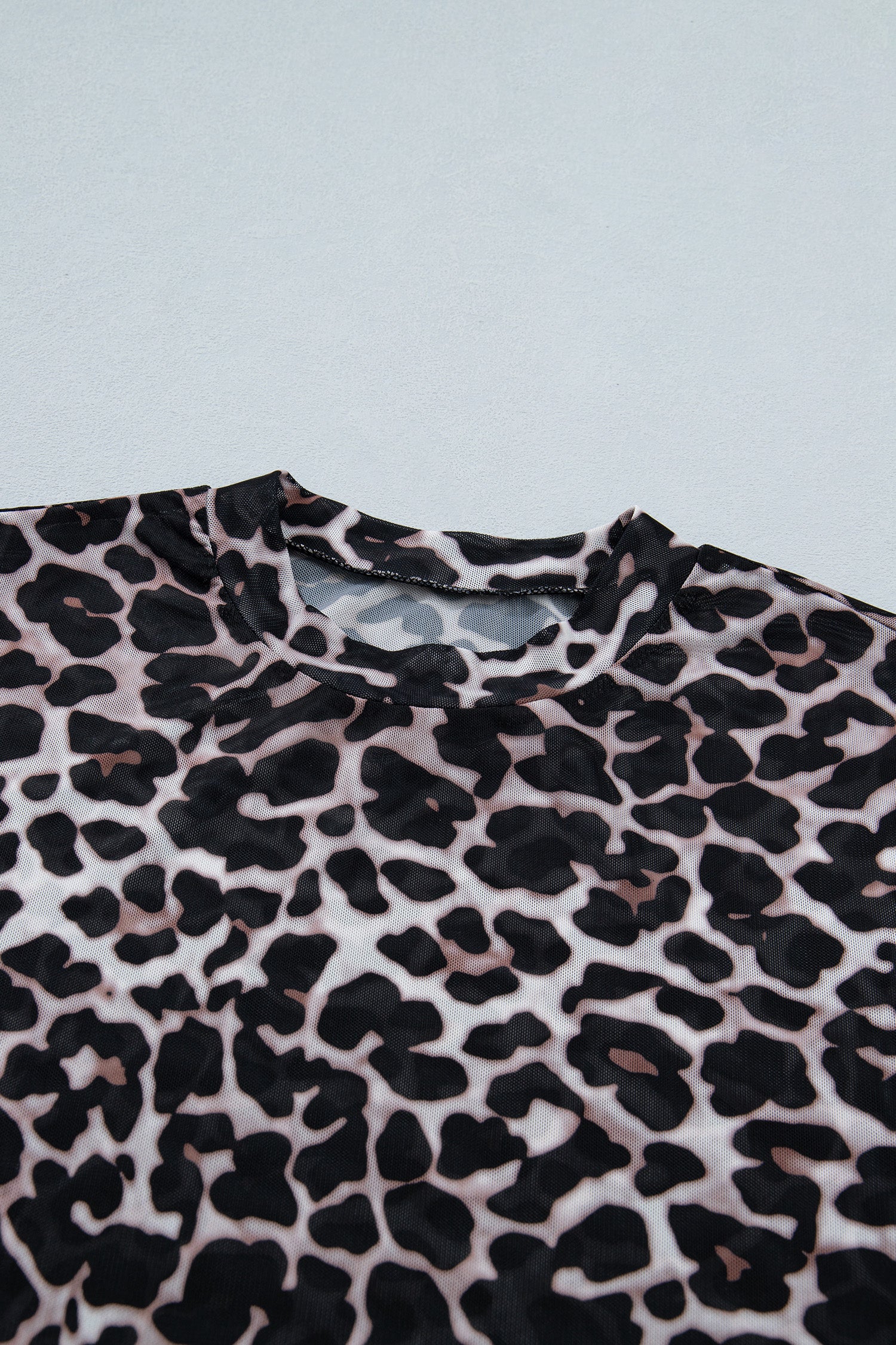 Khaki Leopard Print Sheer Mesh Short Sleeve Top
