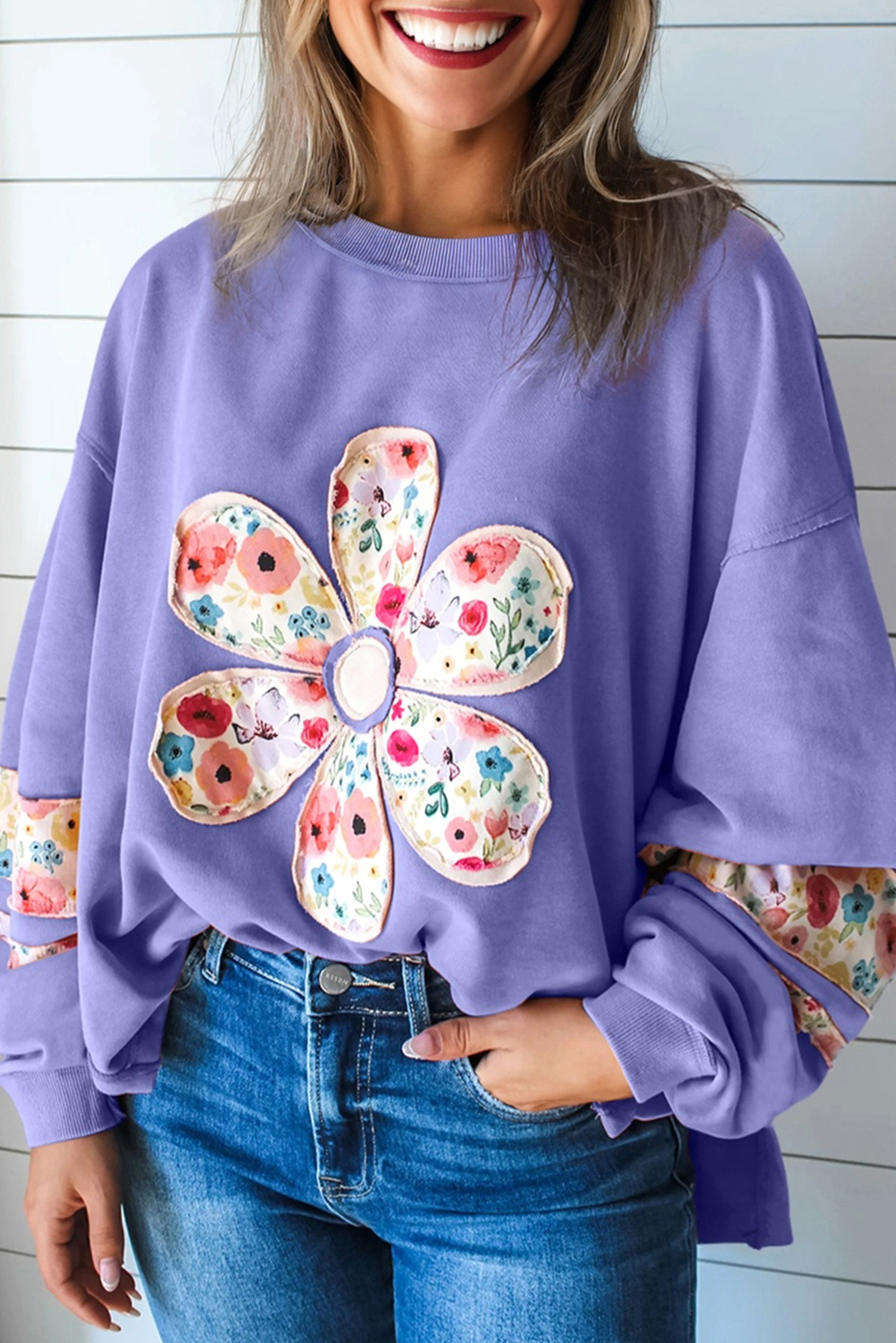 Wisteria Floral Applique Baggy Pullover Sweatshirt