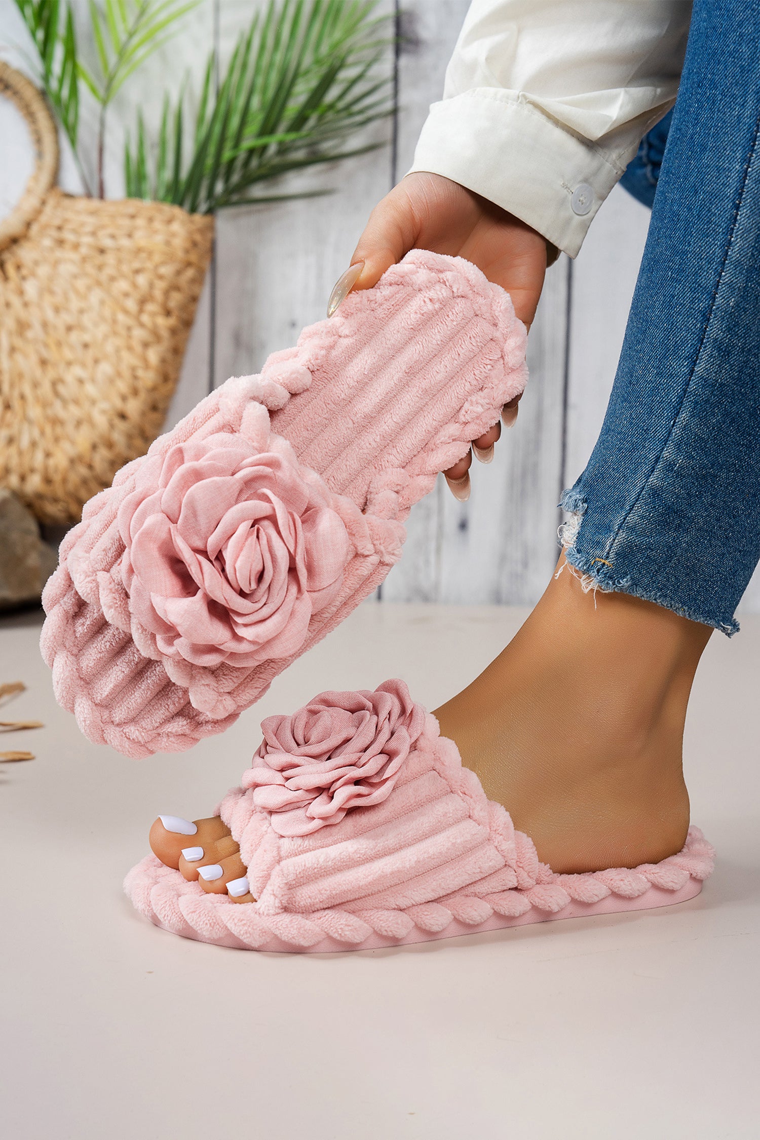 Pink Solid Color 3D Flower Accent Corded Ribbed Open Toe Slippers