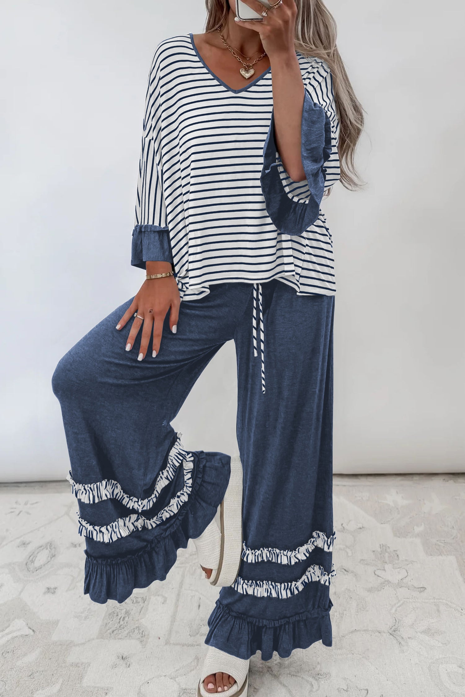 Blue Stripe V Neck Ruffle Contrast Sleeve Top Drawstring Pants 2pcs Set
