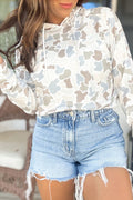 Beige Camouflage Print Long Sleeve Hooded Pullover Casual Top
