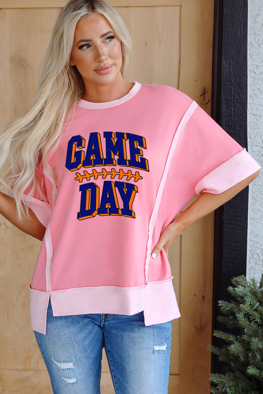 Peach Blossom Raw Seam Patchwork GAME DAY Letter Graphic Loose Tee