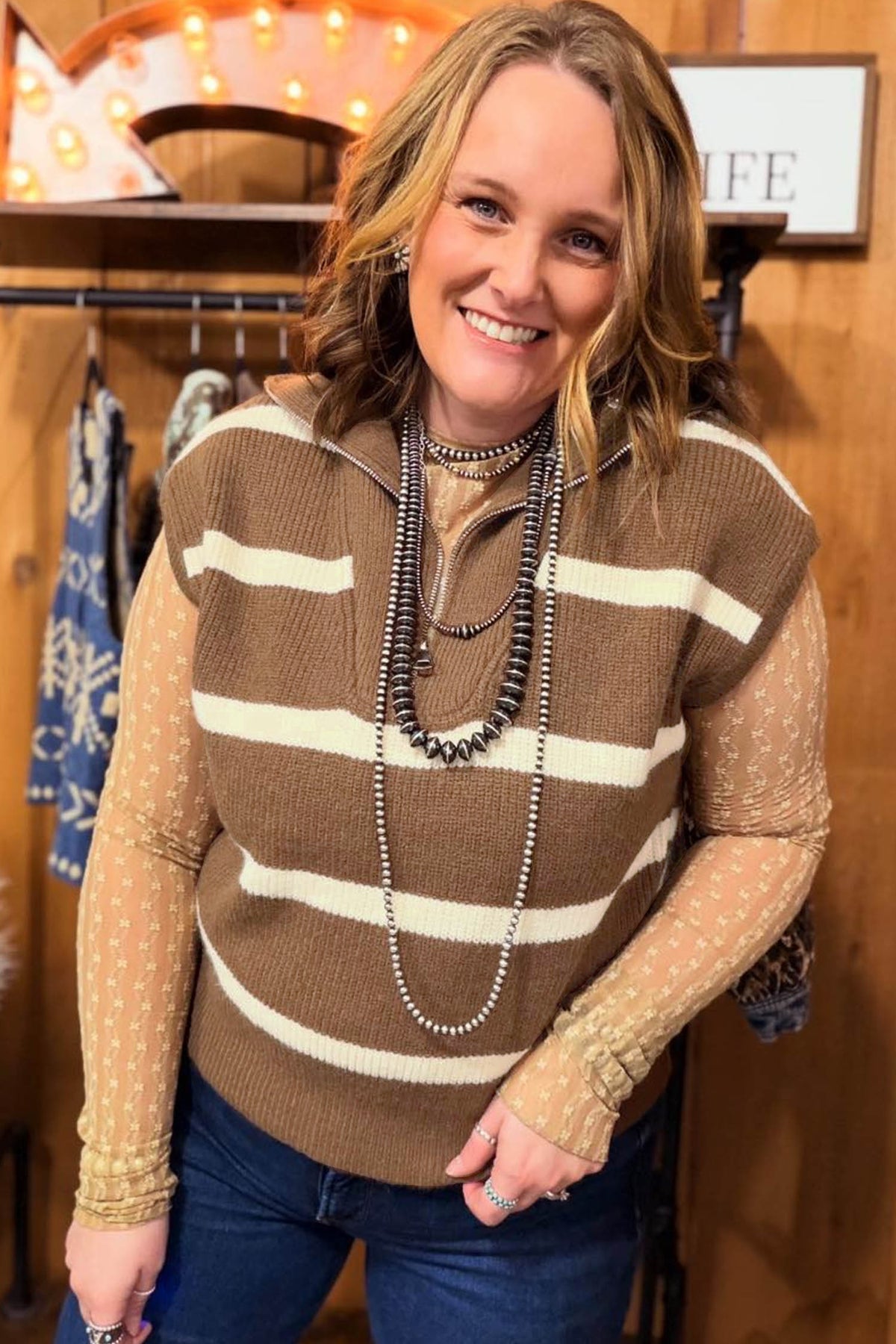 Brown Stripe Striped Colorblock Drop Shoulder V Neck Tunic Sweater T-shirt