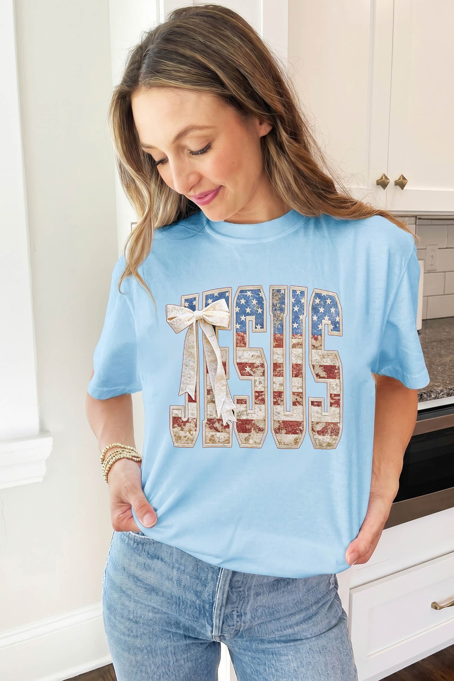 Light Blue Patriotic JESUS Letter Print Shift T Shirt