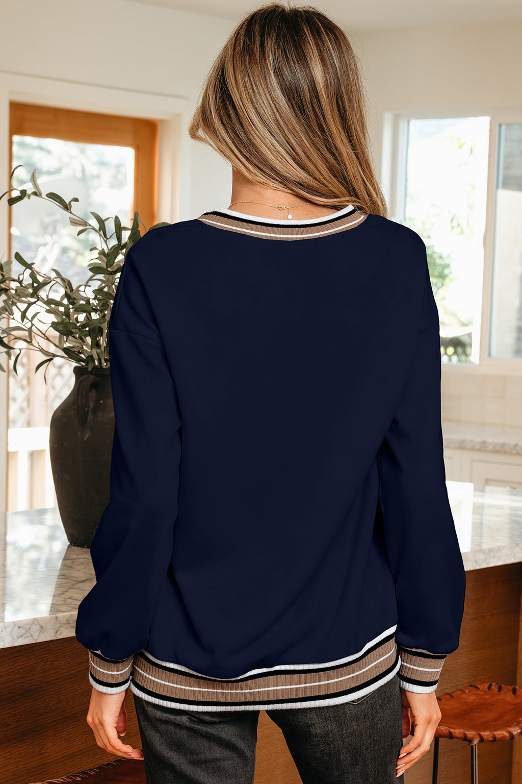 Gray Varsity Contrast Striped Trim V Neck Sweatshirt