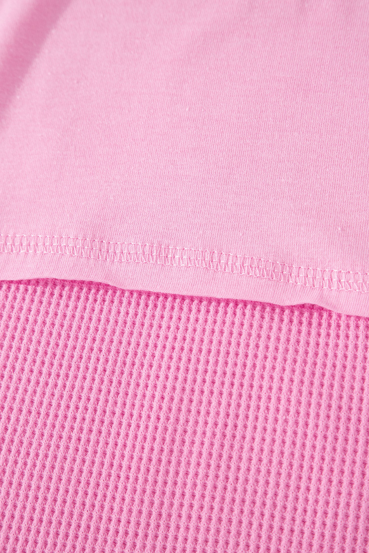 Pink Solid Color Raw Seam Waffled Patchwork Casual T Shirt