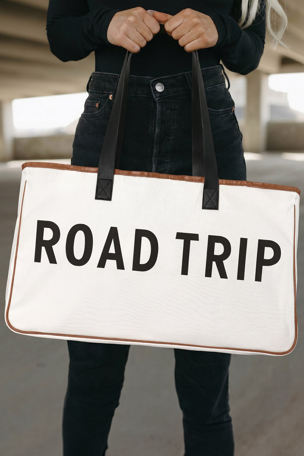 White Canvas Road Trip Tote Bag 50x15x30cm Summer Travel Carryall