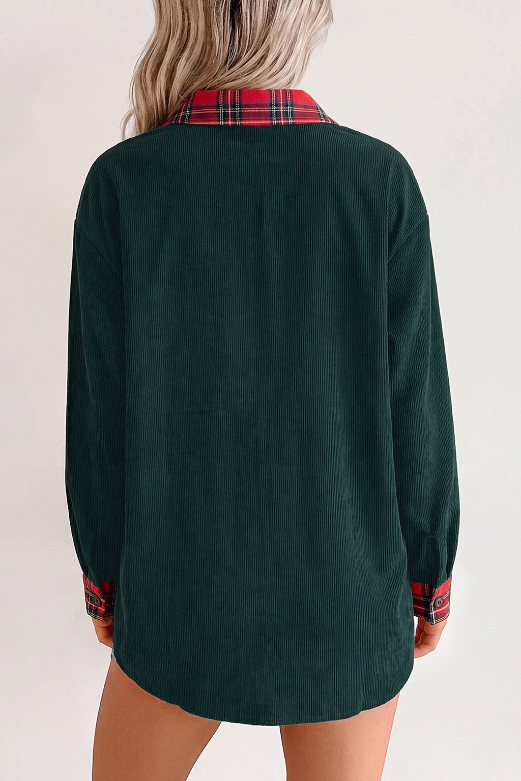 Blackish Green Plaid Pocket Button Long Sleeve Shift Shacket