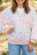 Pink Patchwork Floral Print Long Sleeve Tunic Plus Size Blouse