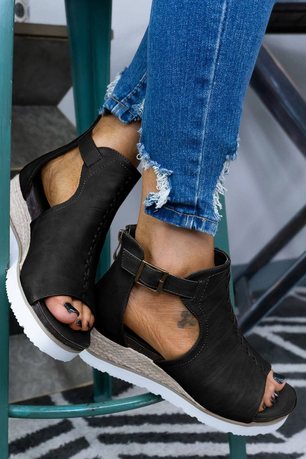 Black PU Cutout Buckle Strap Platform Sandals