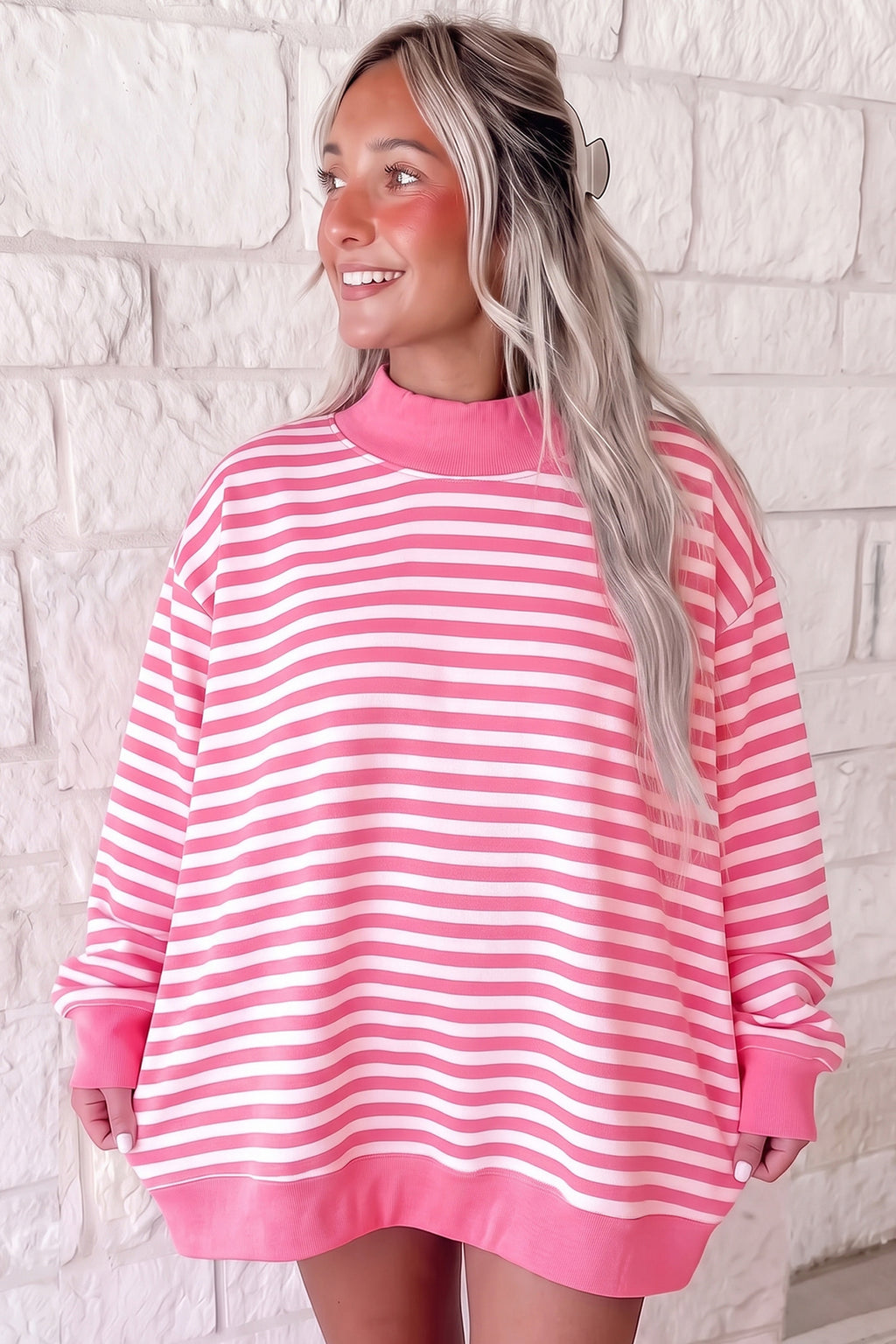 Gray Stripe Cozy Mock Neck Oversized Tunic Sweatshirt