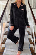 Black Polka Dot Long Sleeve Shirt Lace Detail Two Piece Pajama Pant Set