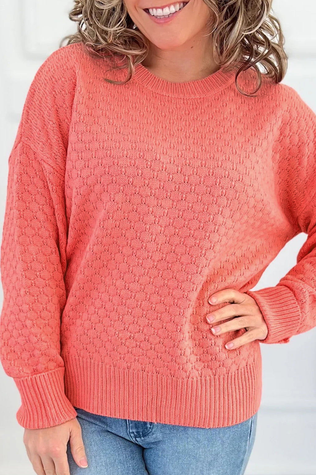 Coral Paradise Breathable Patterned Knit Drop Shoulder Pullover Sweater