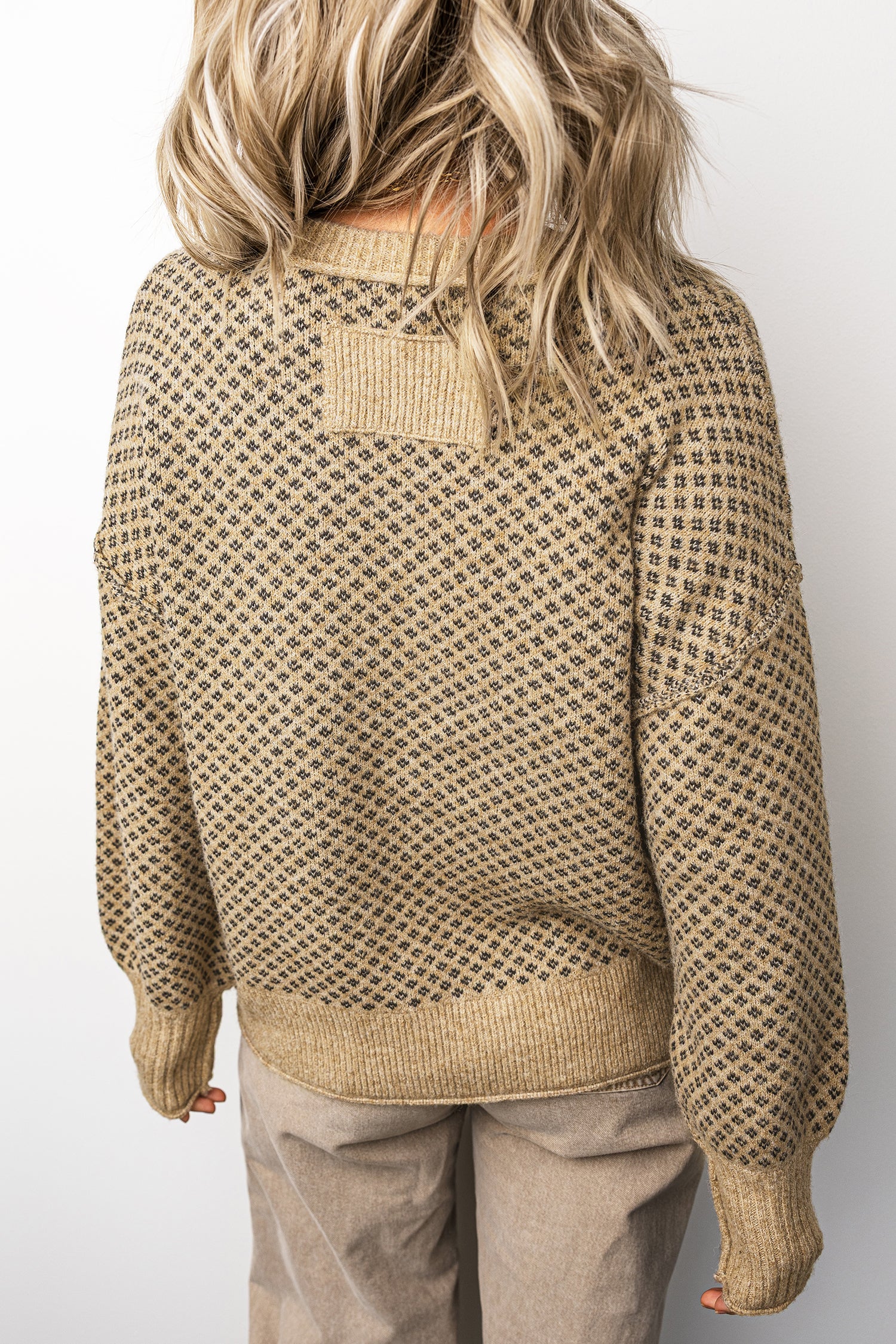 Khaki Geometric Print Drop Shoulder Round Neck Long Sleeve Sweater
