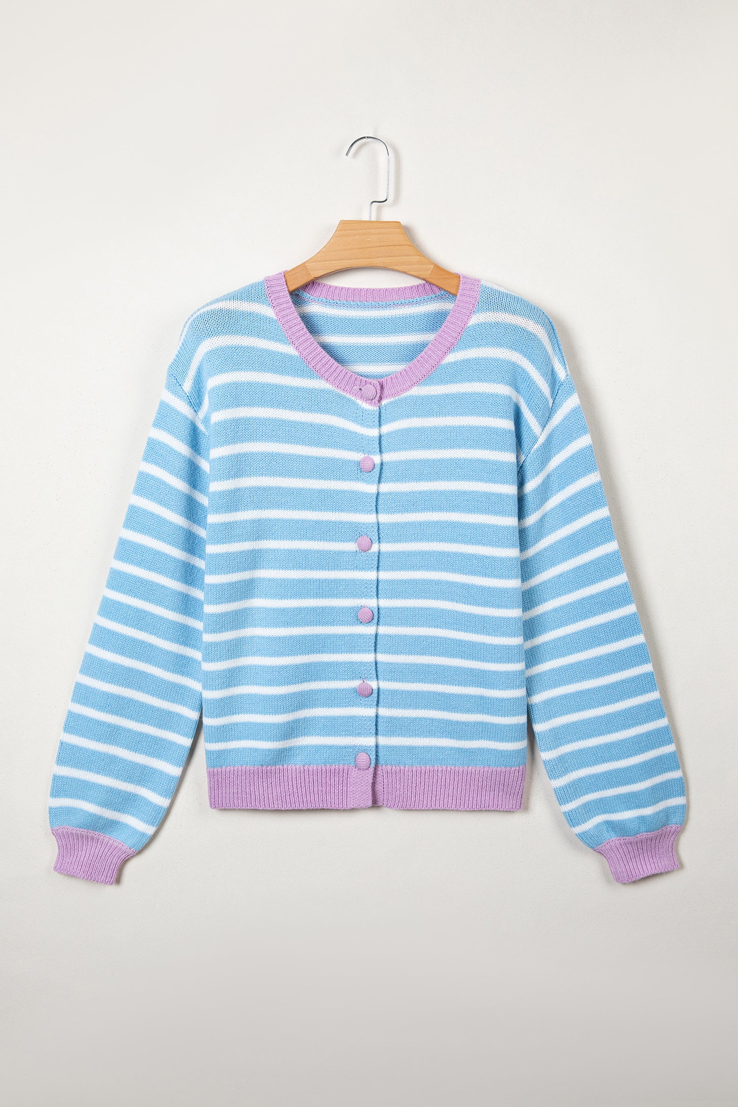 Sky Blue Stripe Contrast Trim Button Down Casual Sweater Cardigan