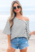 Black Stripe Half Sleeve Scoop Neck Loose Top