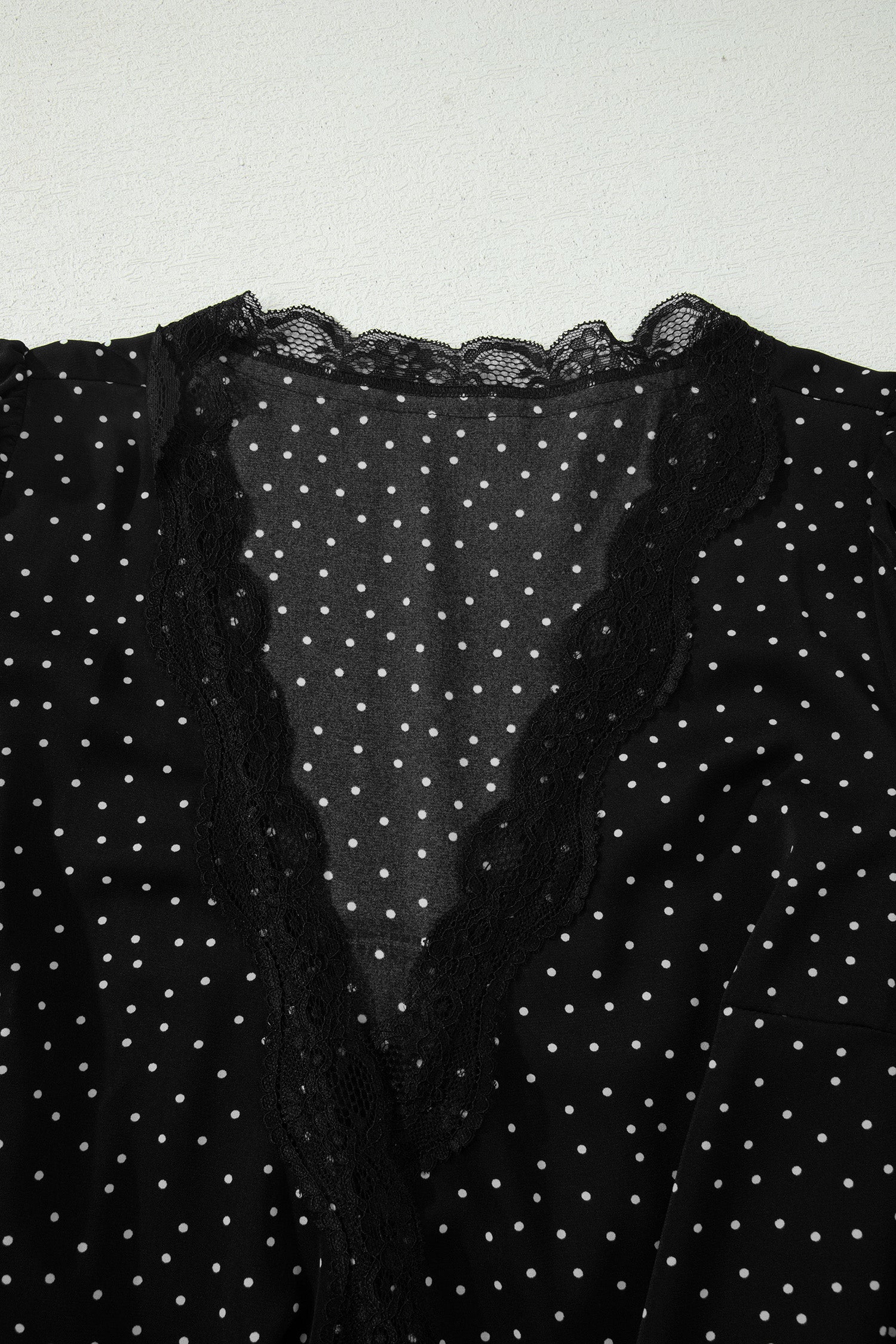 Black Polka Dot Print Lace Trim Wrap Mini Dress
