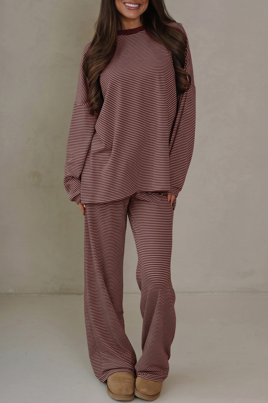 Brown Stripe Contrast Trim Round Neck Oversize Long Sleeve Top 2pcs Pant Set