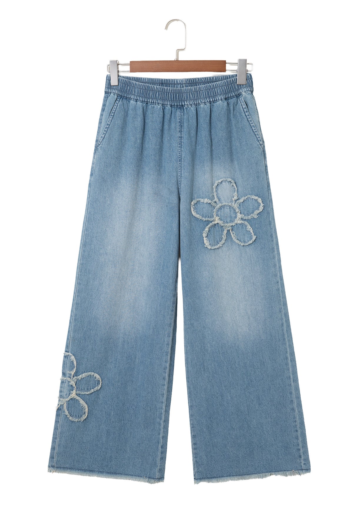 Beau Blue Frayed Floral Patch Wide Leg Raw Hem Wide Leg Jeans