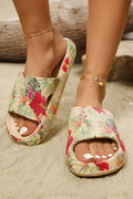 Parchment Tropical Floral Print Textured Cutout Detail Casual Slippers