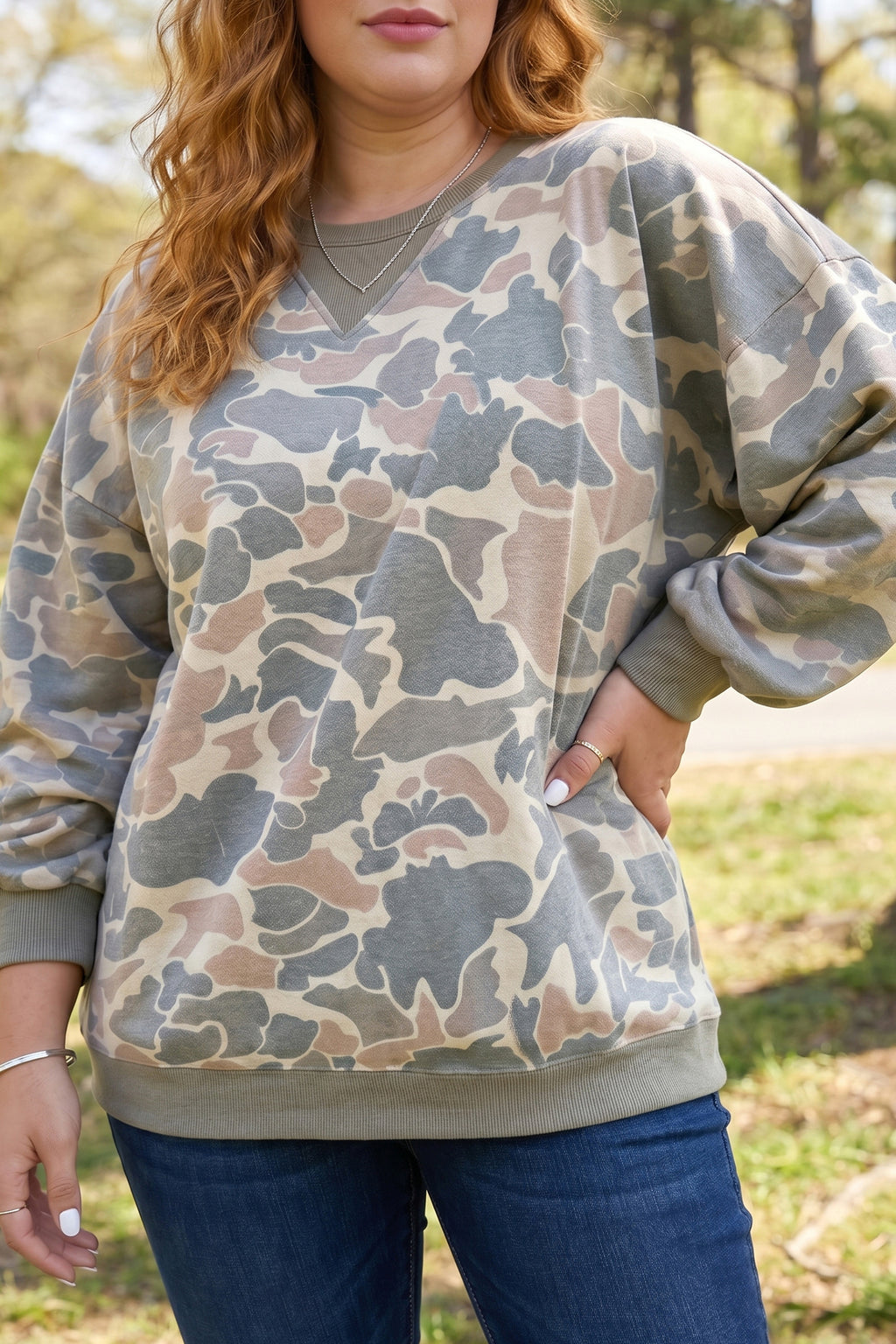 Multicolour Camouflage Print Shift Silhouette Long Sleeve Plus Size Sweatshirt