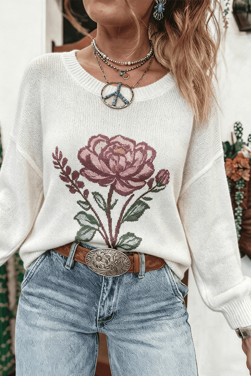 White Western Floral Dropped Shoulder Lightweight Knit Sweater