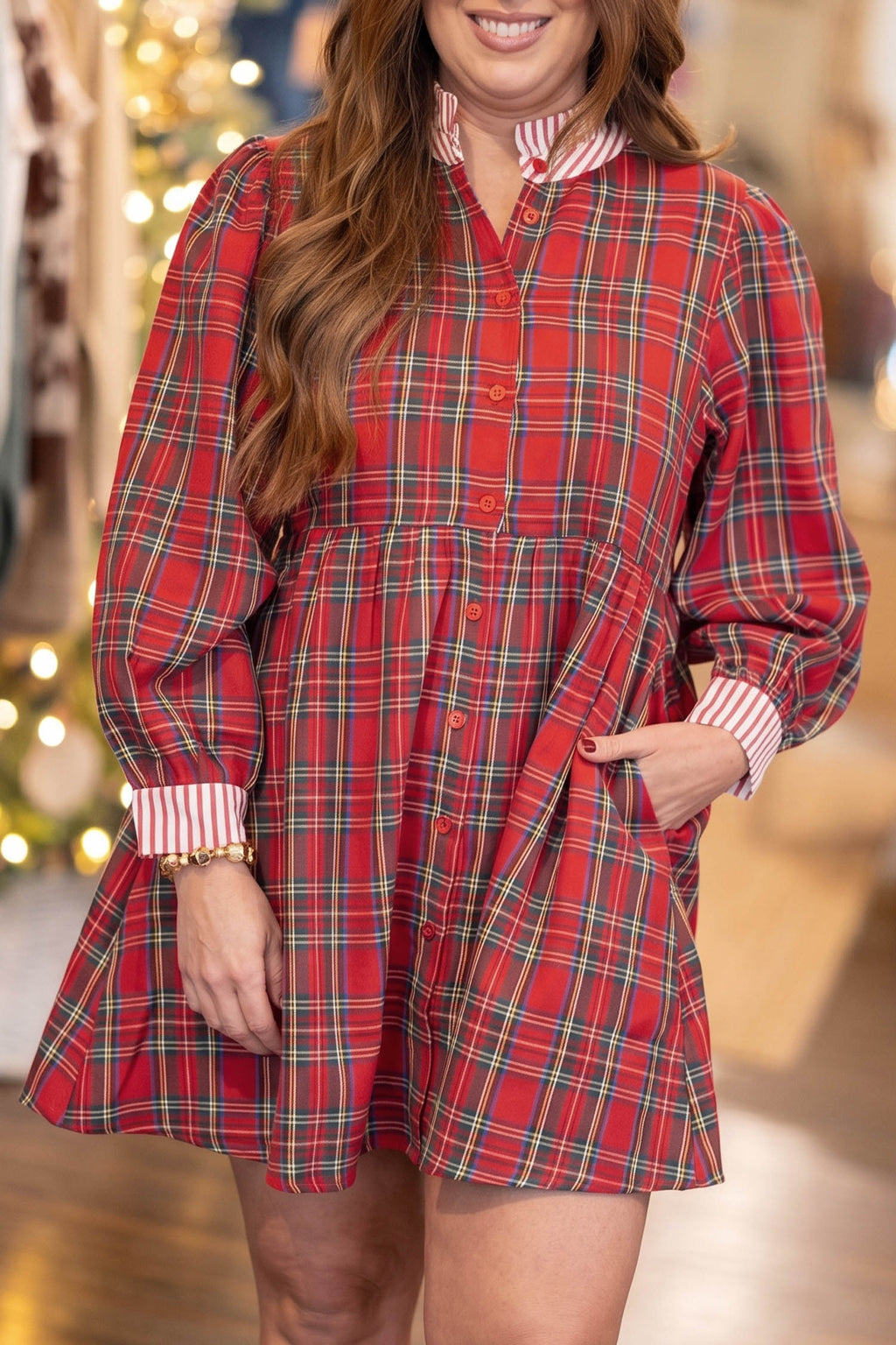Red Plaid Striped V Neck Collar Cuff Details Shift Plus Size Dress