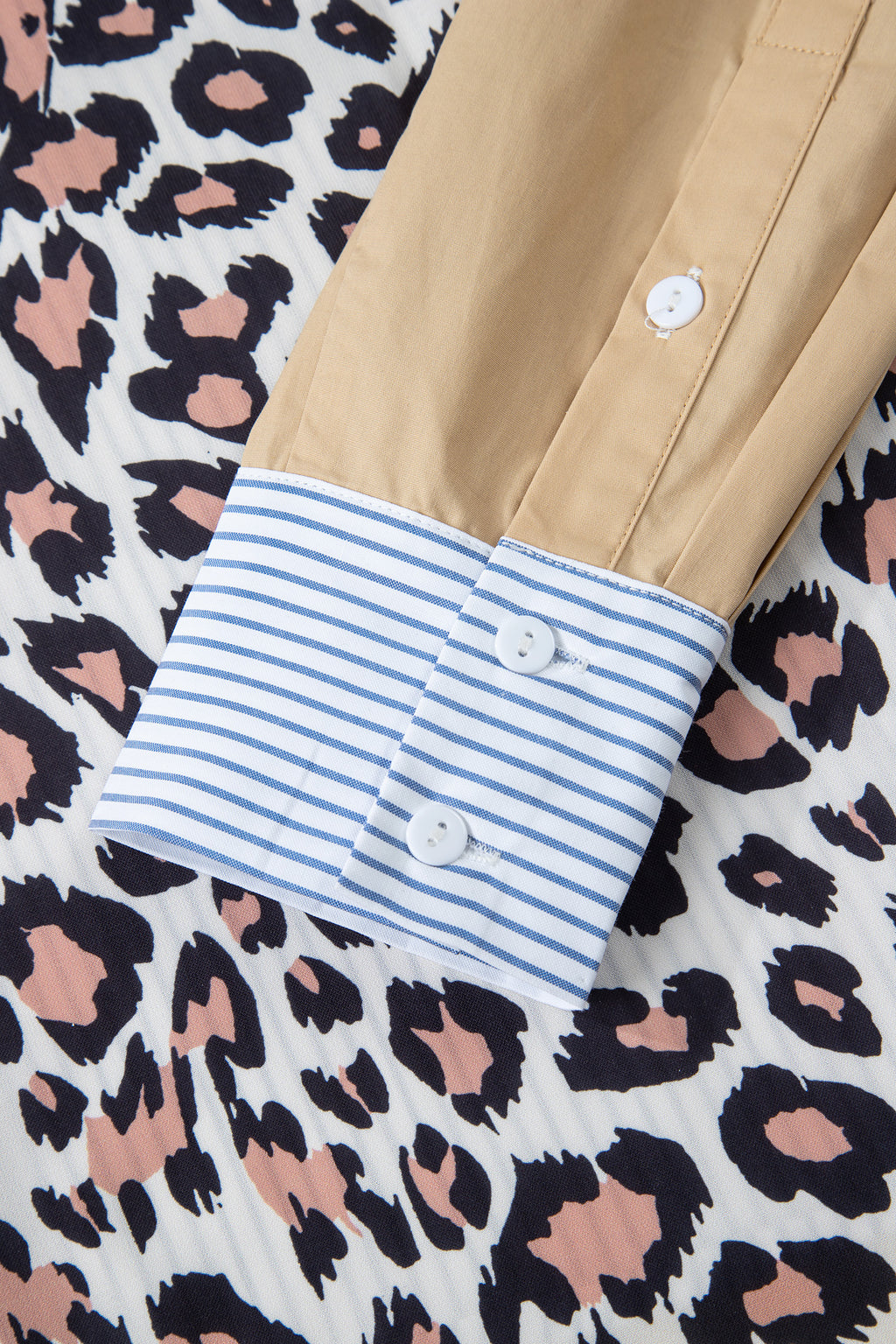 Sky Blue Stripe Colorblock Leopard Patchwork Chest Pocket Cuffed Sleeve Shirt