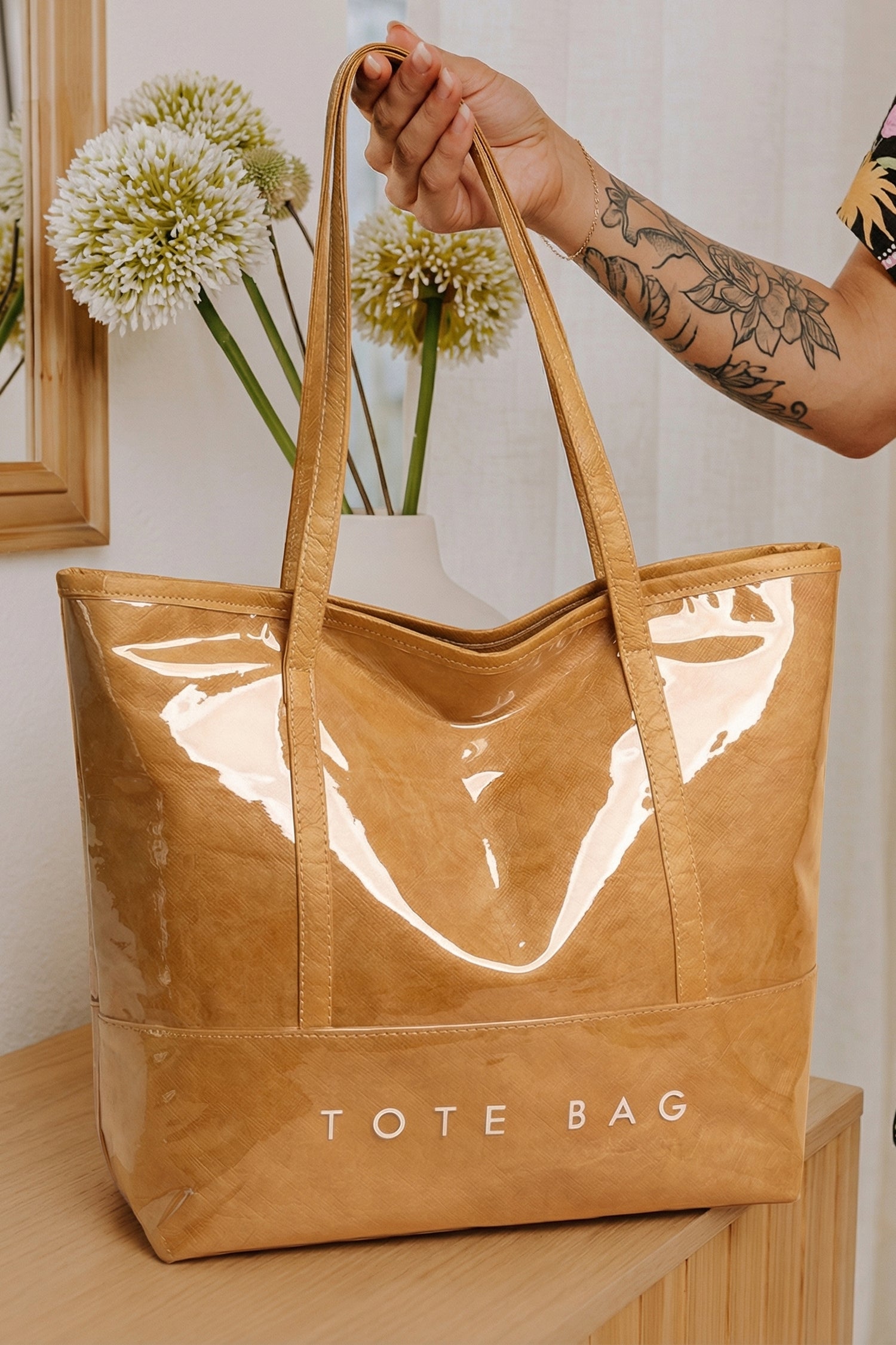 Camel Retro Letter Print Waterproof PVC Tote Bag