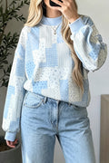 Sky Blue Patchwork Floral Print Mock Neck Long Sleeve Sweatshirt