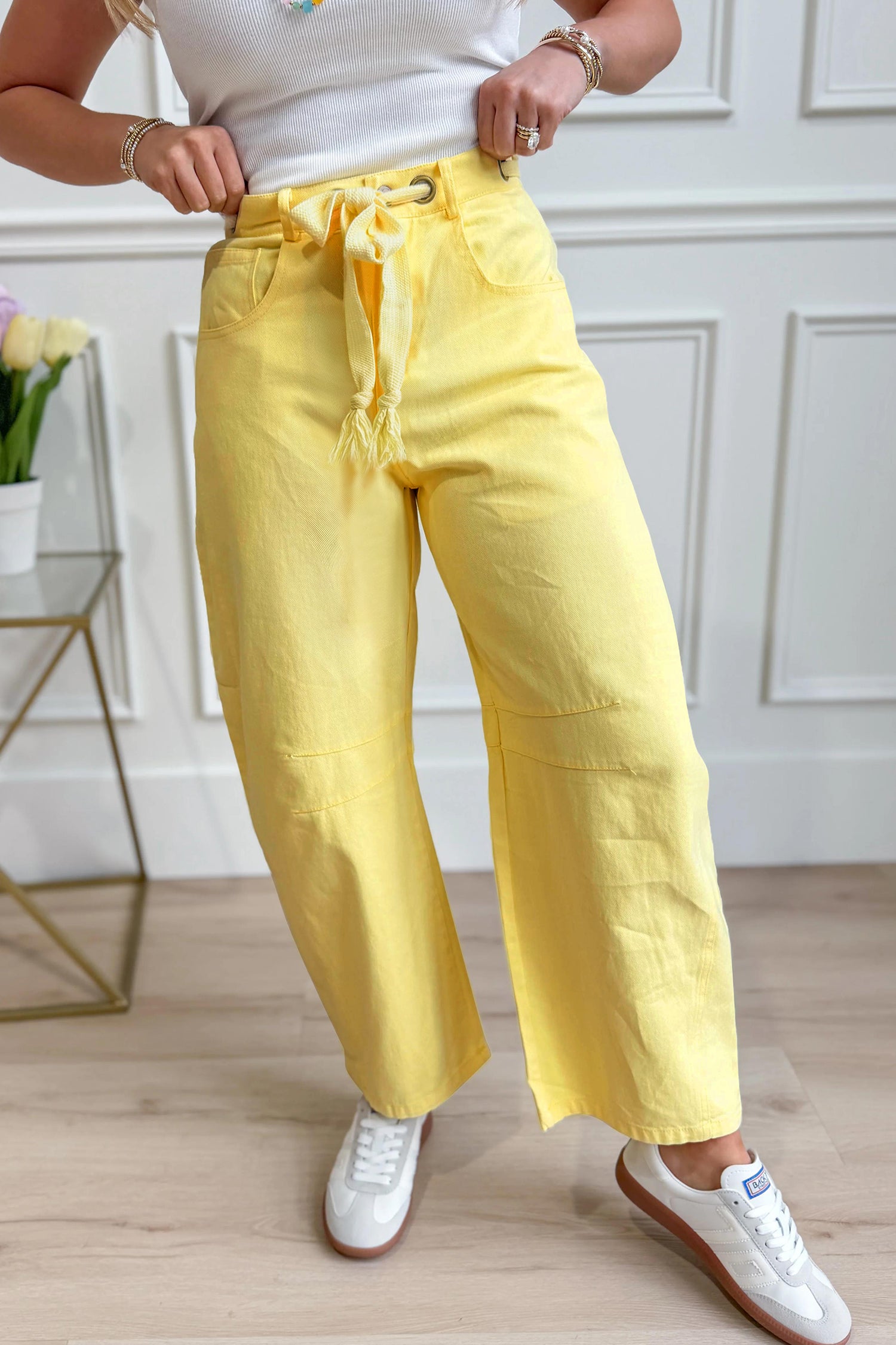 Light Pink Solid Color Grommet Detail Knot Waist Barrel Jeans