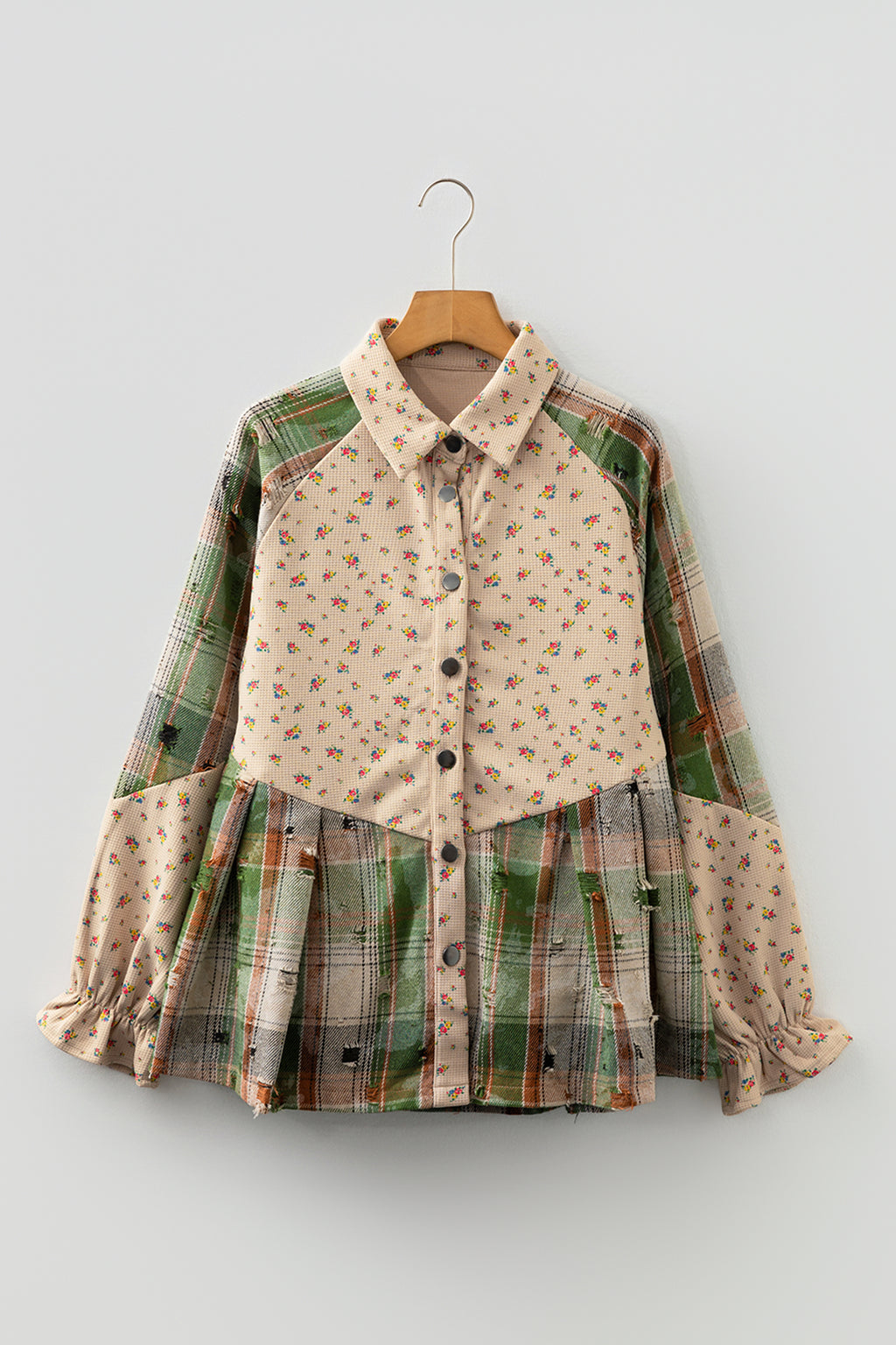Mist Green Boho Floral Plaid Patchwork Distressed Detail Ruffled Sleeve Waffle Knit Shacket
