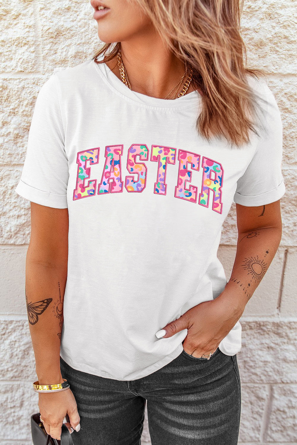 White Cheerful Leopard EASTER Letter Graphic Tee