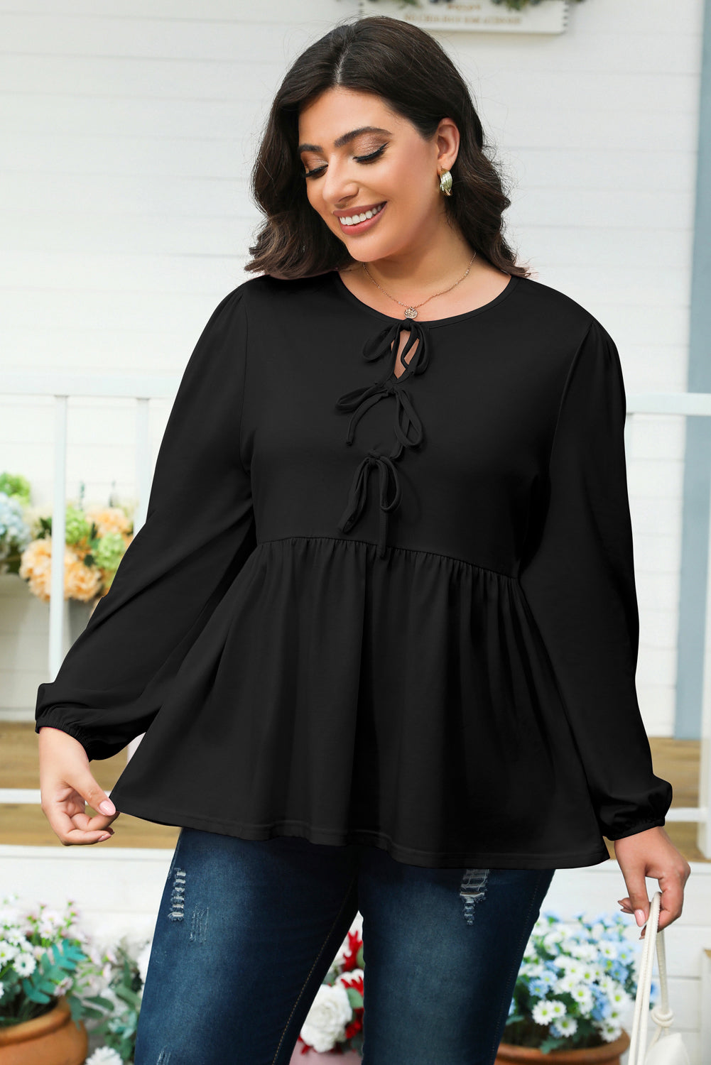 Black Solid Color Bow Tie Front Long Sleeve Plus Size Peplum Blouse