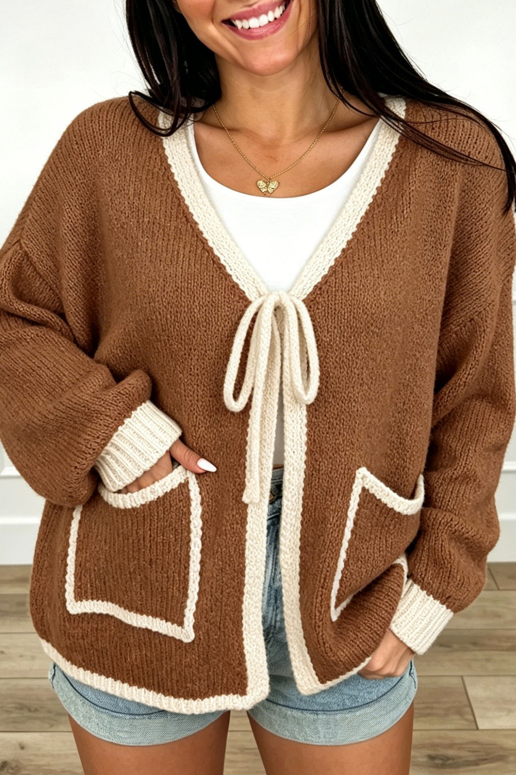 Chestnut Contrast Trim V-Neck Tie Front Loose Sweater Cardigan