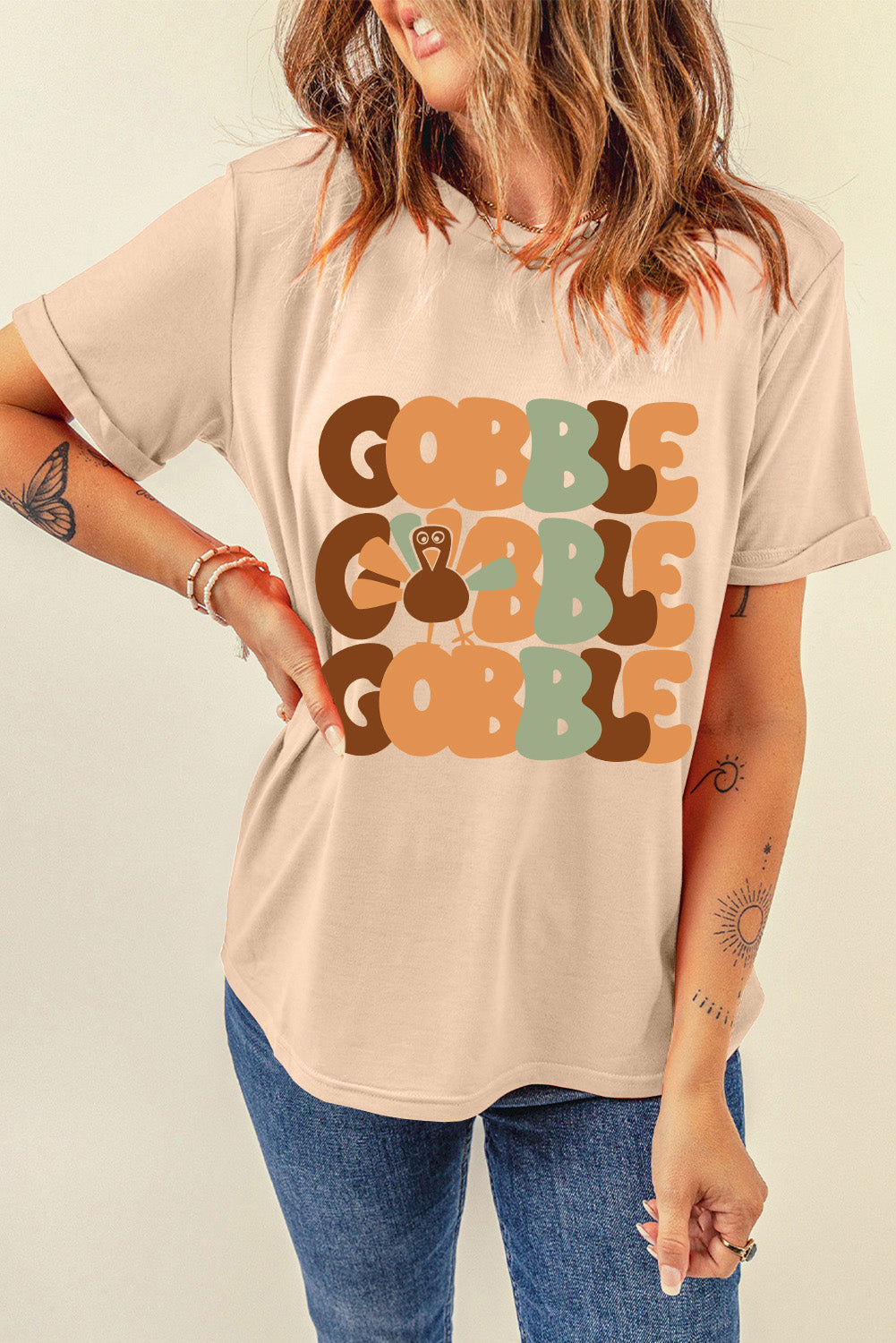 Khaki GOBBLE Turkey Print Thanksgiving Fashion Tee