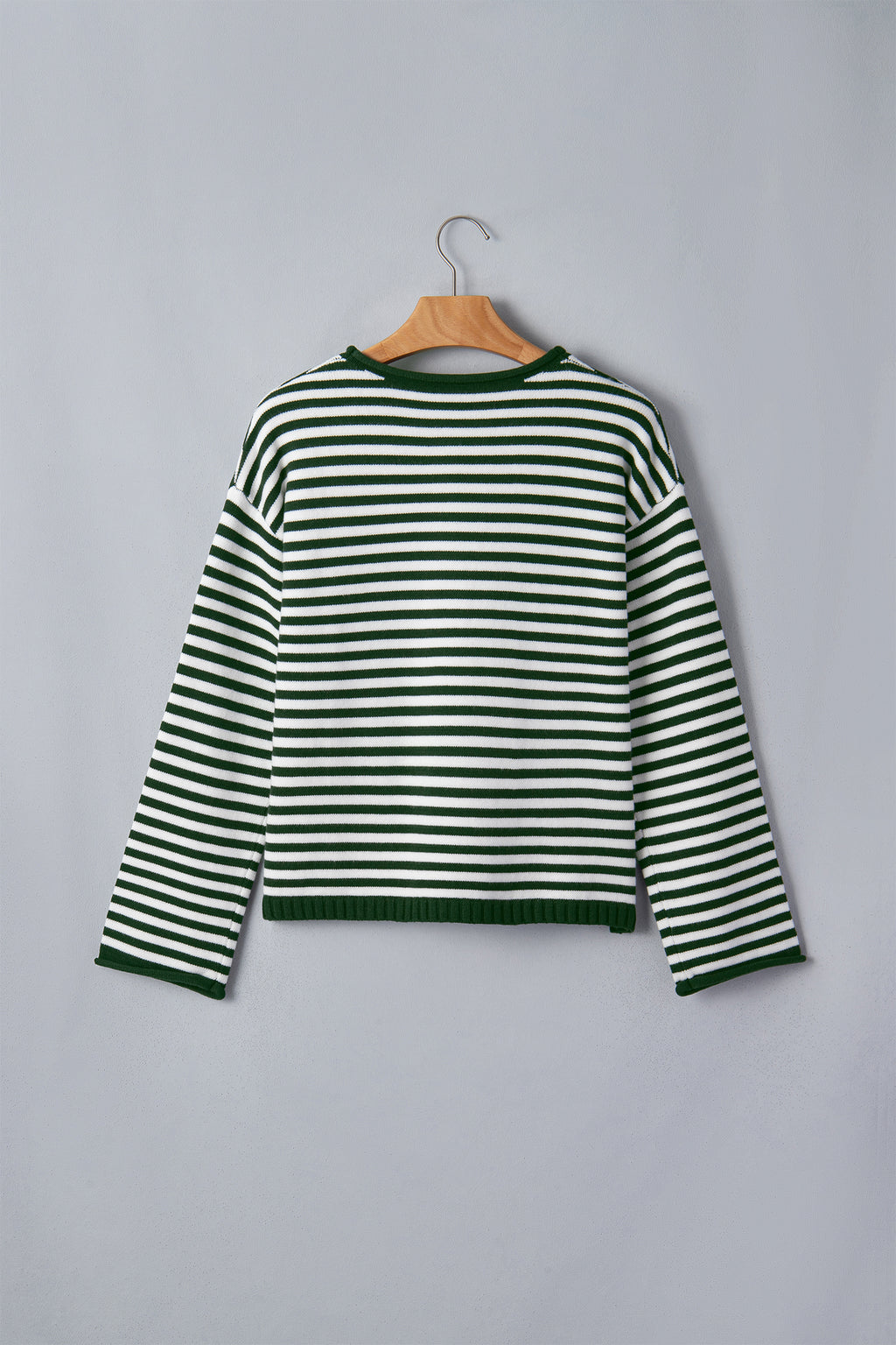 Green Stripe Striped Button Placket Drop Shoulder Long Sleeve Sweater