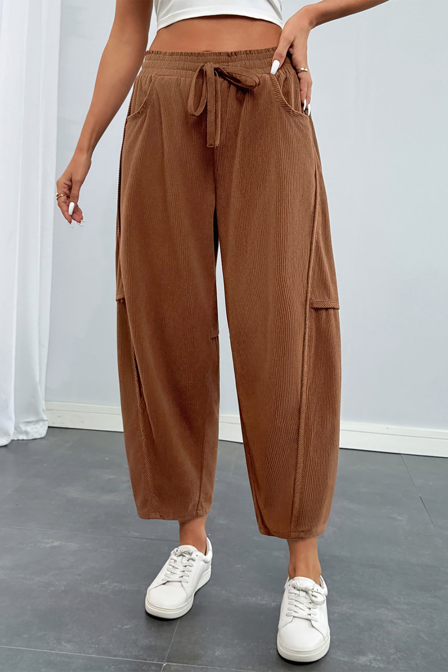 Coffee Corduroy Elastic Waist Drawstring Cargo Pants