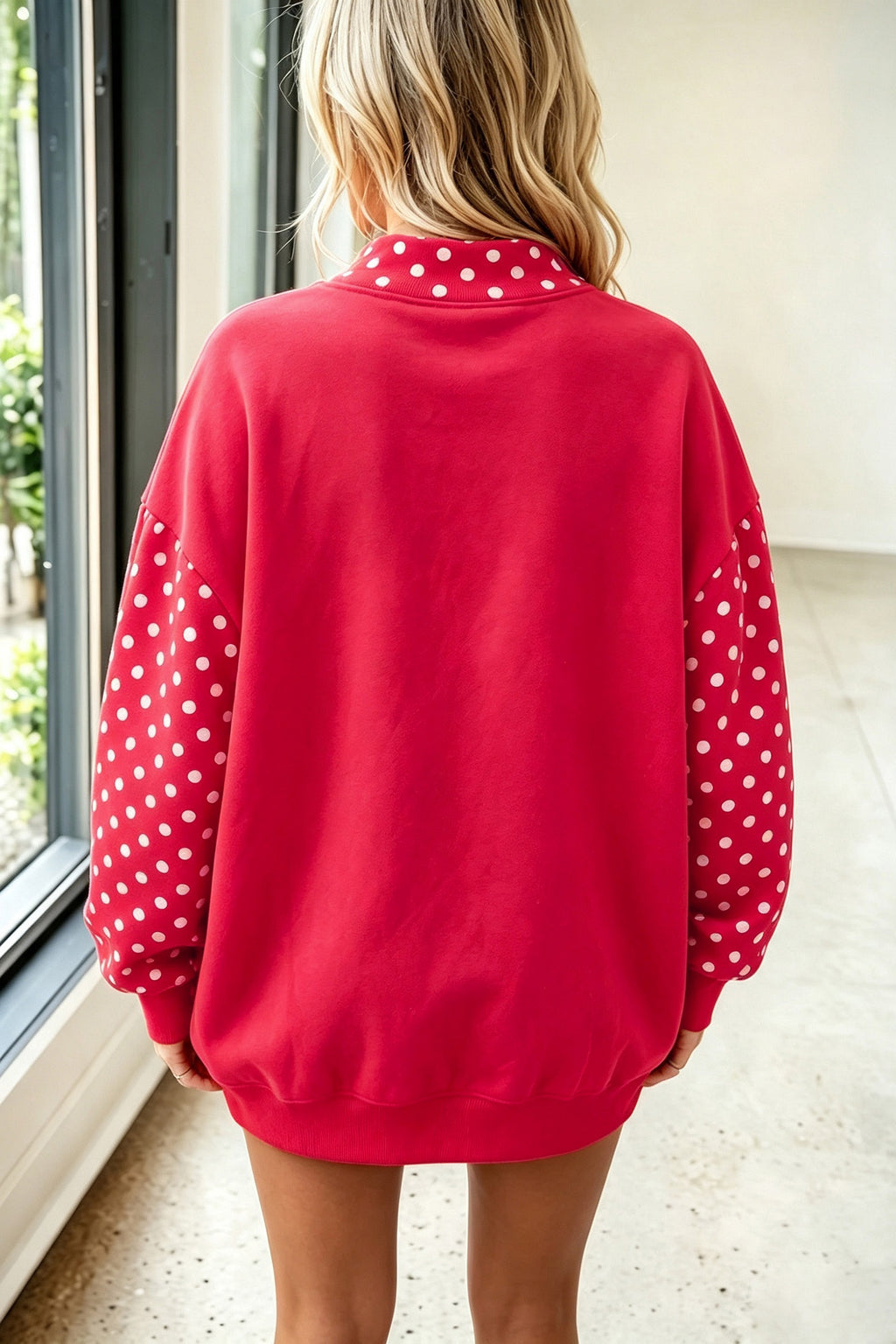 Fiery Red Polka Dot Contrast Round Neck Long Sleeve Baggy Sweatshirt