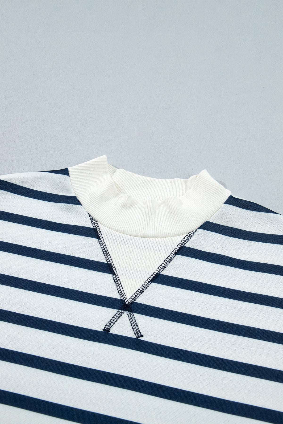 Blue Stripe Striped Ribbed Cuff Collar Pocket Loose Pant Set