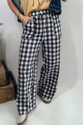 Blue Gingham Plaid Tie Elastic Waist Shift Pants