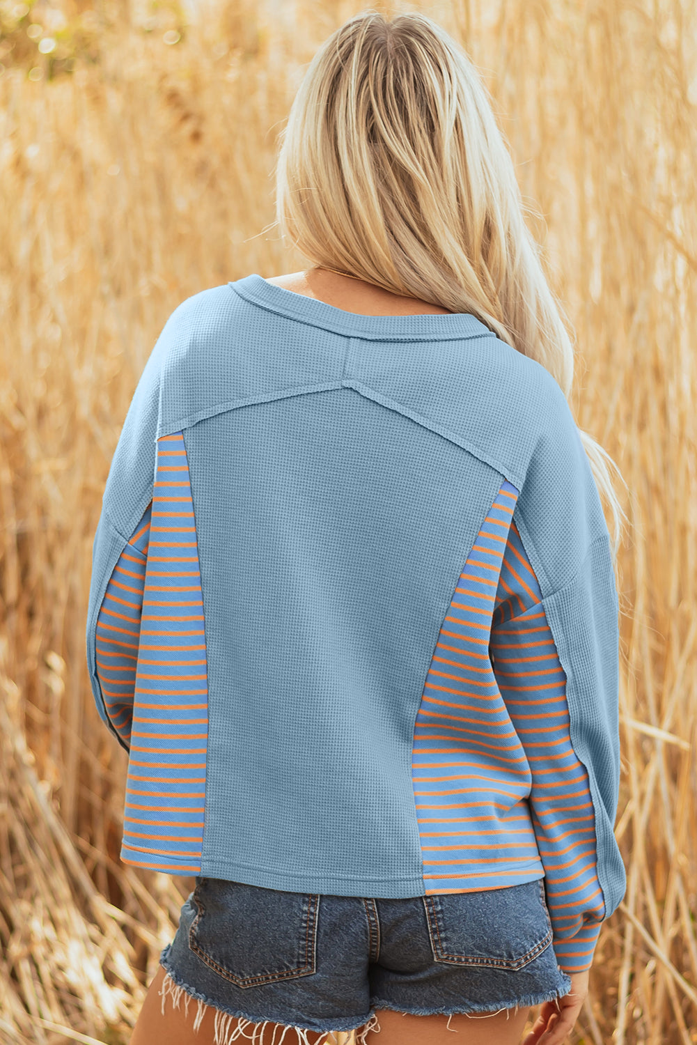 Meadow Mist Green Exposed Seam Waffle Striped Patchwork Baggy Pullover
