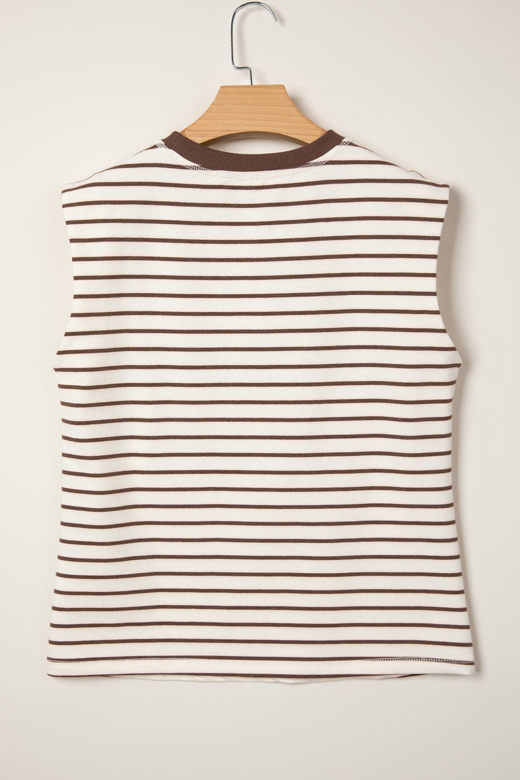 Brown Stripe Ribbed Round Neck Trim Loose Tank Top