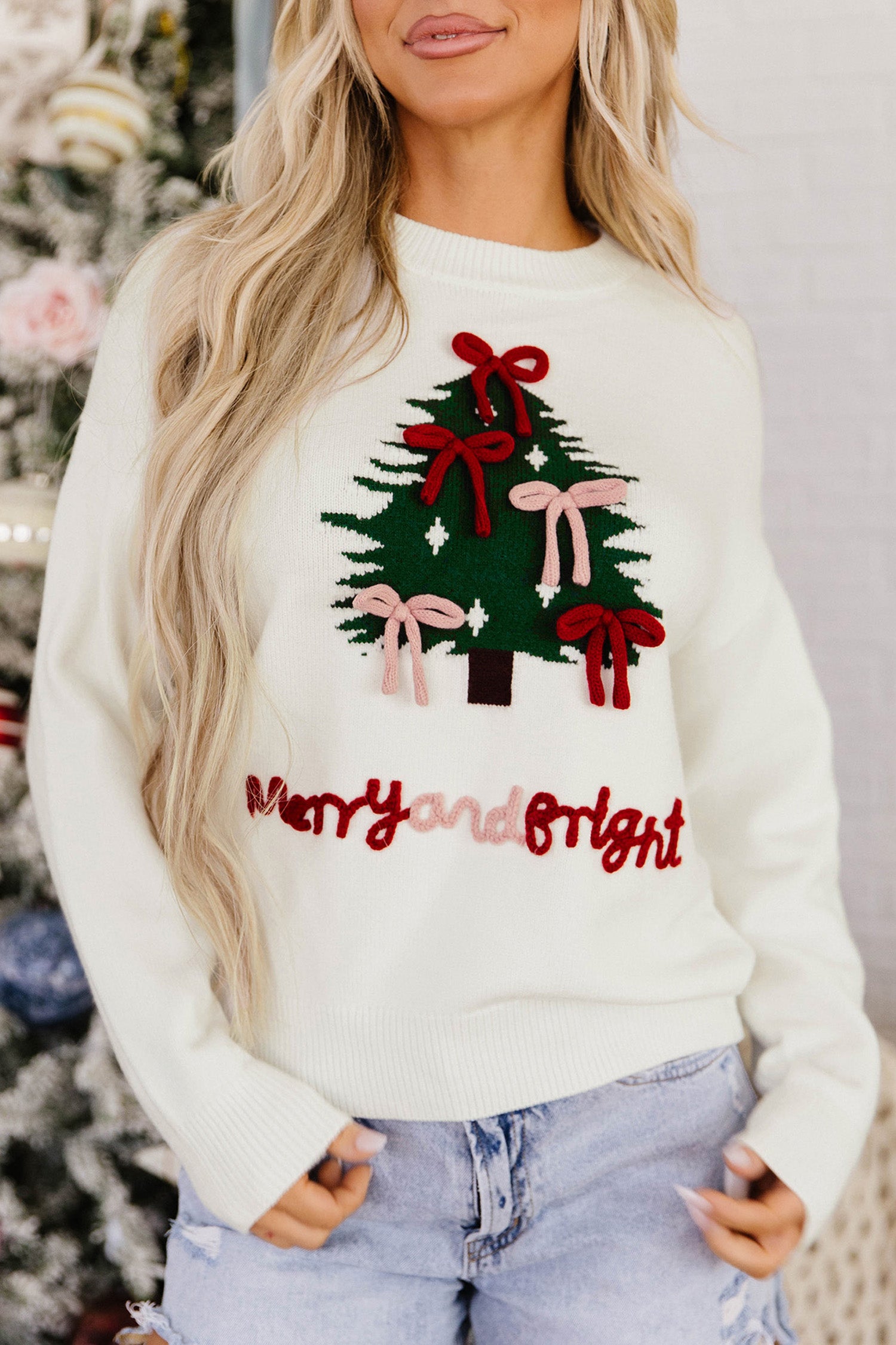 White Christmas Tree Bow Drop Shoulder Knit Sweater