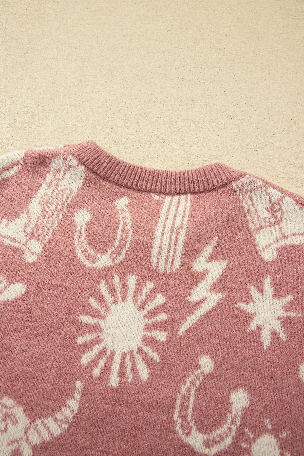 Peach Blossom Western Print Drop Shoulder Round Neck Long Sleeve Sweater
