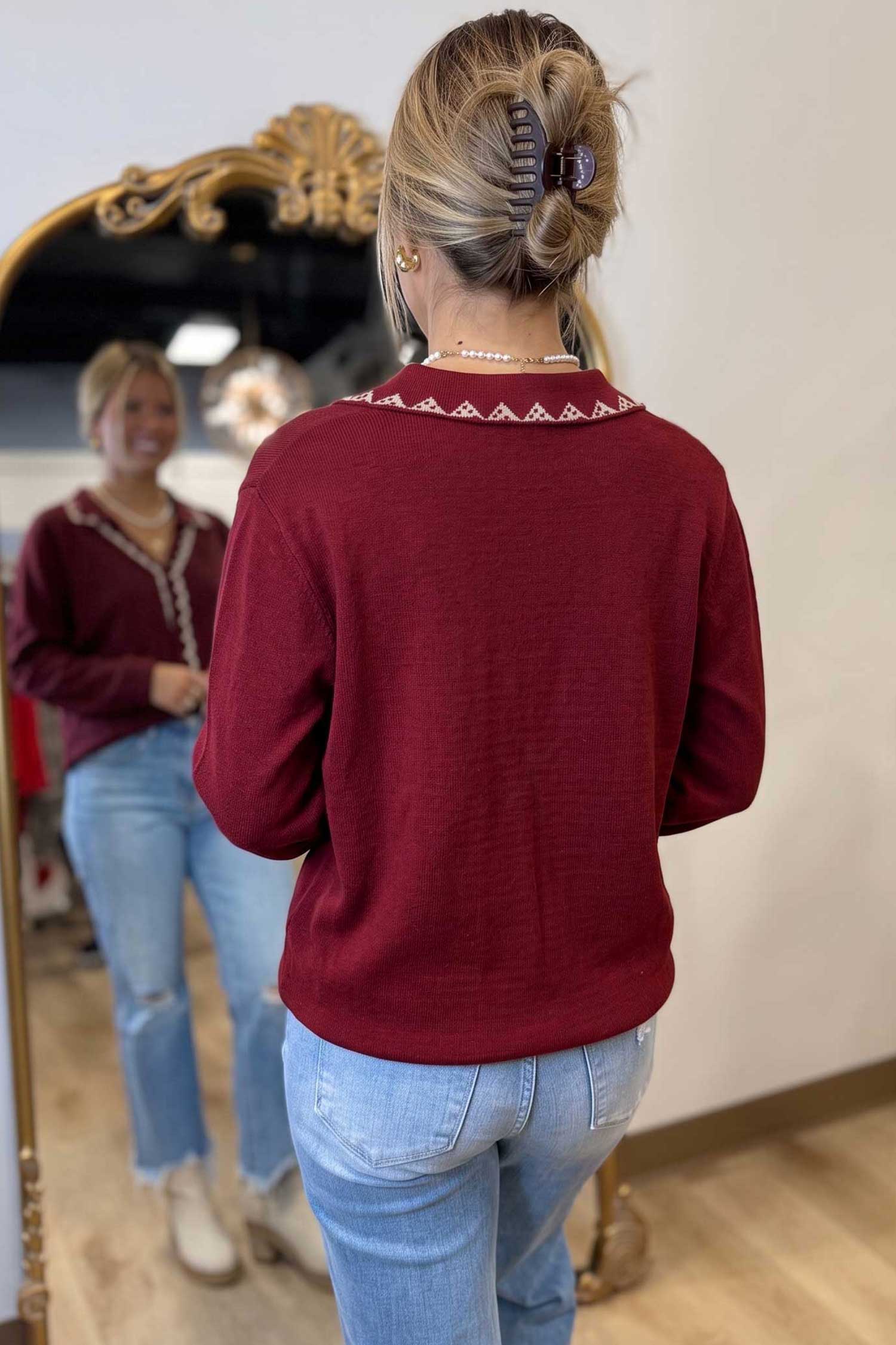 Burgundy Bow Pocket Collar Long Sleeve Knit Cardigan