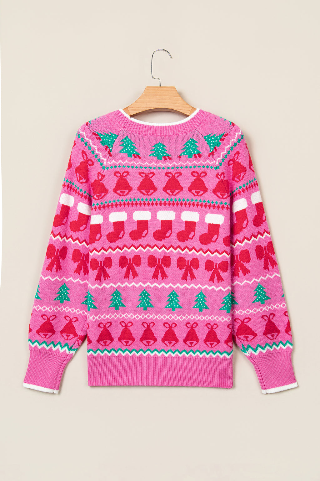 Pink Christmas Holiday Graphic Round Neck Knit Sweater