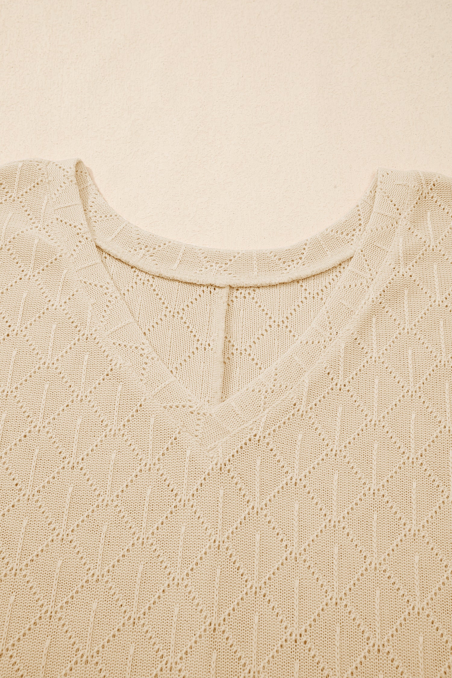 Golden Fleece Pointelle Rhombus Knit Plus Size V Neck Loose Top