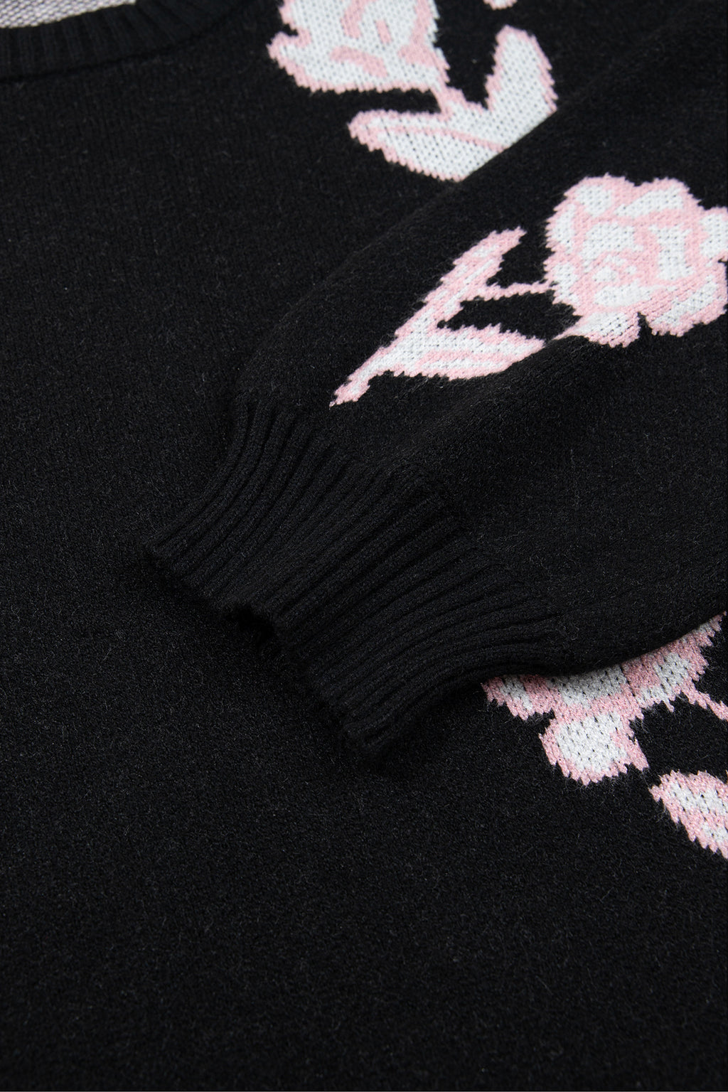 Black Floral Pattern Puff Sleeve Dropped Shoulder Pullover Sweater